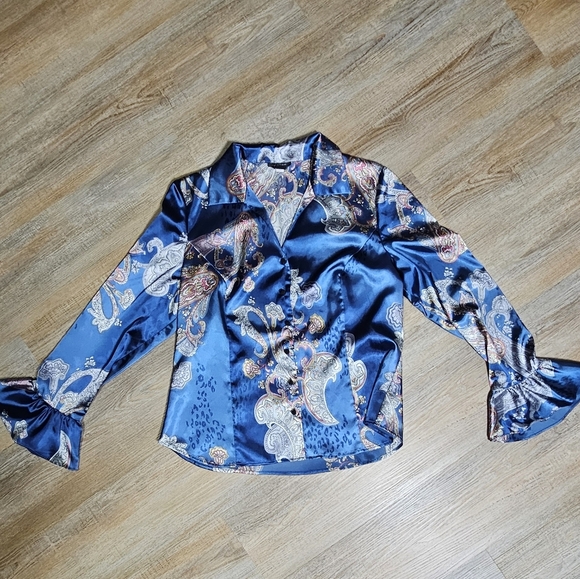 Spense Paisley Satin Blouse - Blue pink Ruffle Statement Sleeve Button Up Large - Picture 12 of 16
